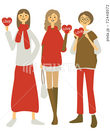 バレンタインデーにハートを持ってる女子3人のイラスト素材