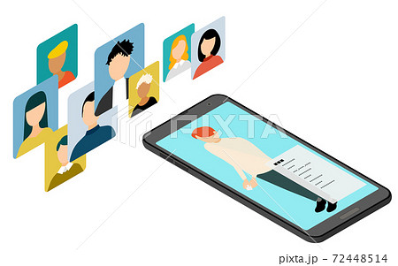 アイソメトリック、スマホアプリを利用して人が繋がっているイメージイラスト アイソメトリック、スマホアプリを利用して人が繋がっているイメージイラスト 72448514