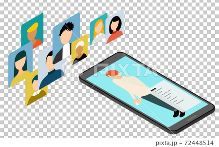 アイソメトリック、スマホアプリを利用して人が繋がっているイメージイラスト アイソメトリック、スマホアプリを利用して人が繋がっているイメージイラスト 72448514