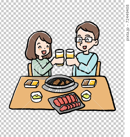 焼肉デートをするカップルのイラストのイラスト素材