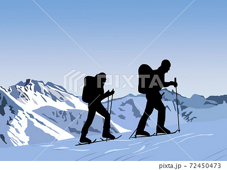 雪山を歩く男女イラストのイラスト素材