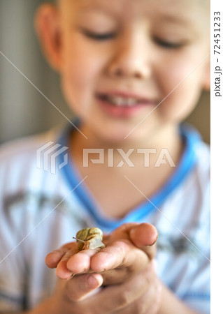 Curious little kid with snail in hand 72451233