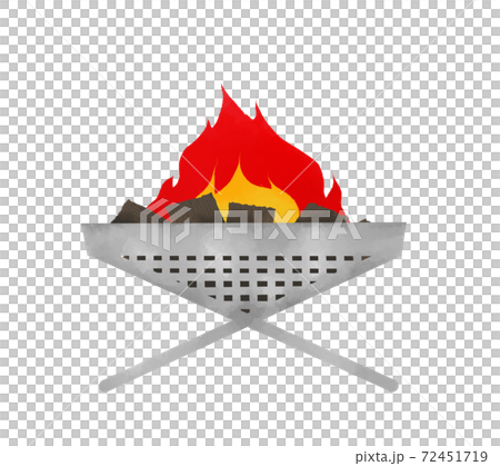 キャンプギア 火のついた焚き火台のイラストのイラスト素材