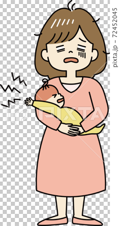 泣く赤ちゃんとげっそりするお母さん(全身) 泣く赤ちゃんとげっそりするお母さん(全身) 72452045