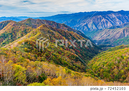 （栃木県）奥日光半月山登山道から望む、紅葉した山並み 72452103