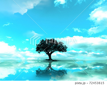 青空が反射する湖の上に立つ木のシンプルなシルエットのイラスト素材