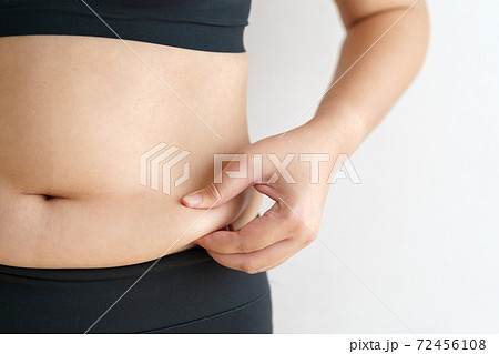 Women body fat belly. Obese woman hand holding excessive belly fat. diet lifestyle concept to reduce belly and shape up healthy stomach muscle. 72456108