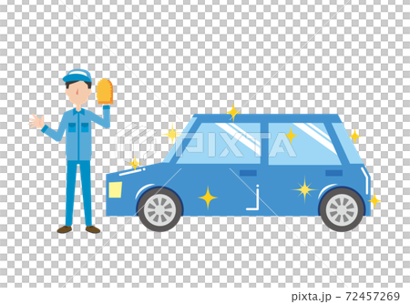 青い車を洗車するスタッフ 72457269
