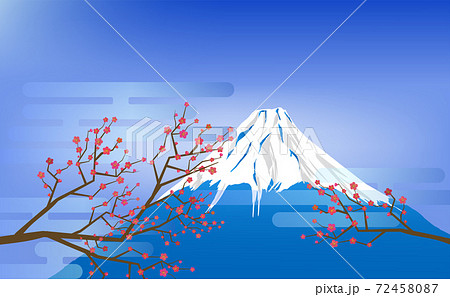 梅の花と青い富士山の風景イラストのイラスト素材