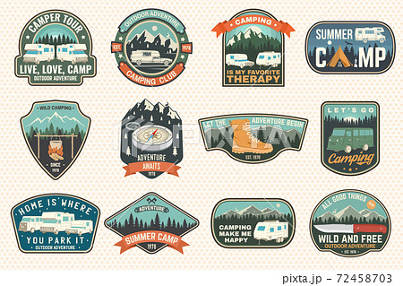 Set of rv camping badges, patches. Vector. Concept for shirt or logo, print, stamp or tee. Vintage typography design with RV Motorhome, camping trailer and off-road car silhouette. Set of rv camping badges, patches. Vector. Concept for shirt or logo, print, stamp or tee. Vintage typography design with RV Motorhome, camping trailer and off-road car silhouette. 72458703
