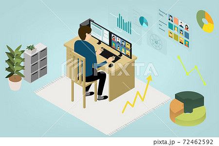 アイソメトリック、テレワークで自宅で働く人がオンラインミーティングしているところ 72462592