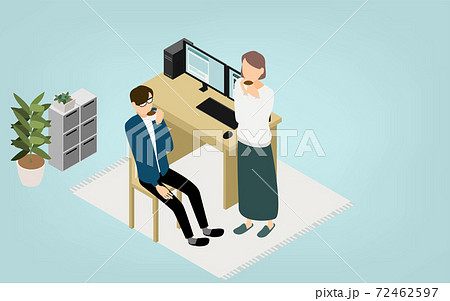 アイソメトリック、テレワークで自宅で働く人が奥さんとコーヒー休憩するところ 72462597
