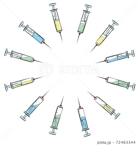 Syringes surrounding blank area. Injections pointing at empty place. Isolated comic vector illustration on white background. Syringes surrounding blank area. Injections pointing at empty place. Isolated comic vector illustration on white background. 72463344