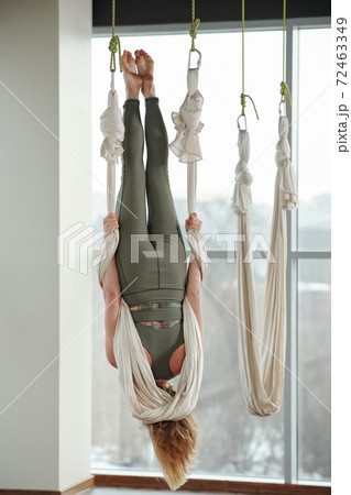 Back view of active young woman hanging upside down and holding by white hammock Back view of active young woman hanging upside down and holding by white hammock 72463349