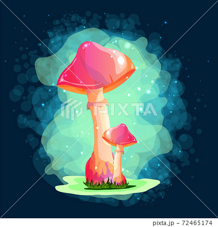 Mushrooms. Magic drawings with mushrooms. Against a dark background with uman and fire flashers. A beautiful, mysterious sticker. For print and web pages. 72465174