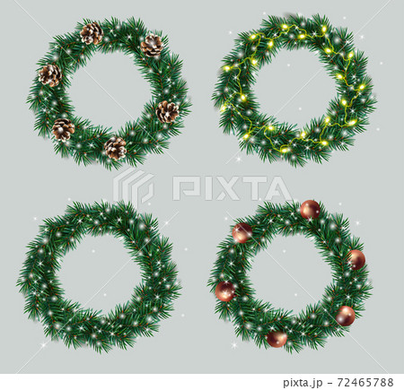 Set a Christmas wreaths made of pine branches decorated light garland, pine cones, toys, shiny sparkles. Green Christmas wreaths for your design. Vector illustration Set a Christmas wreaths made of pine branches decorated light garland, pine cones, toys, shiny sparkles. Green Christmas wreaths for your design. Vector illustration 72465788