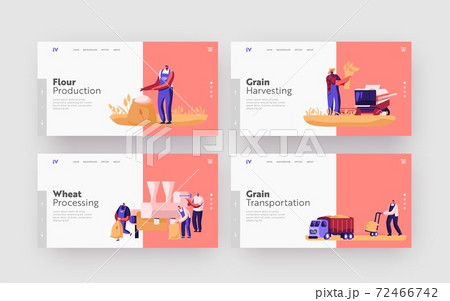 Characters Producing Flour Landing Page Template Set. Wheat Manufacture, Industry. People Growing, Harvesting, Mowing 72466742