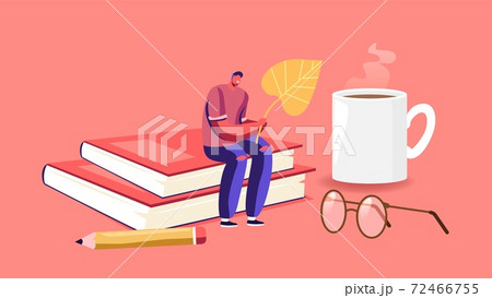 Tiny Male Character Holding Fallen Autumn Leaf Sitting on Huge Books Pile with Steaming Cup, Pencil and Glasses around 72466755