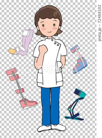 ガッツポーズをする女性とリハビリ装具のイラスト素材