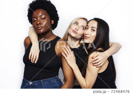 diverse multi nation girls group, teenage friends company cheerful having fun, happy smiling, cute posing isolated on white background, lifestyle people concept, african-american, asian and caucasian 72468476