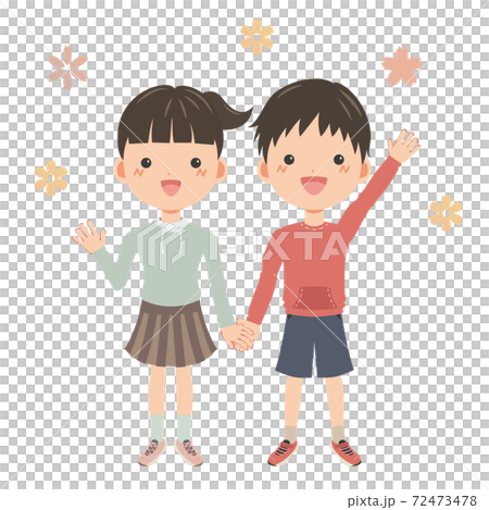 手を繋ぐ女の子と男の子のイラスト素材