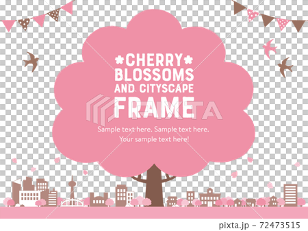 Spring frame made of cherry blossoms and cityscape with horizontal white background characters 72473515