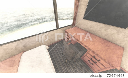 ホテル シングルルーム 内観パース 背景海80のイラスト素材