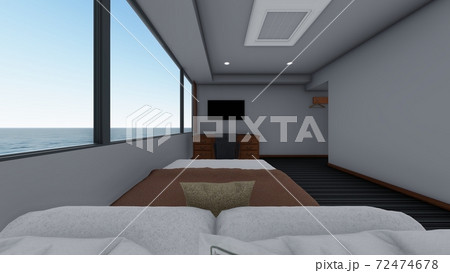 ホテル シングルルーム 内観パース 背景海25のイラスト素材