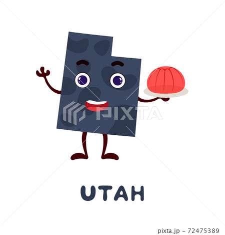 Cute cartoon Utah state character clipart. Illustrated map of state of Utah of USA with state name. Funny character design for kids game, sticker, cards, poster. Vector stock illustration. 72475389