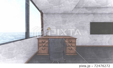 ホテル ダブルベッド 内観パース 背景海47のイラスト素材