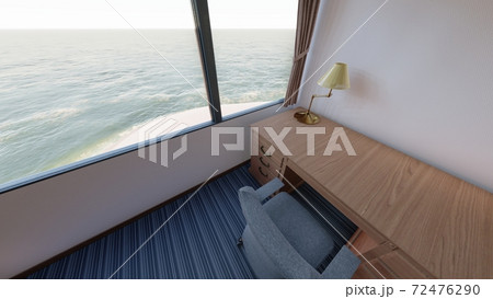 ホテル ダブルベッド 内観パース 背景海のイラスト素材