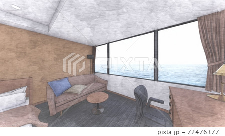 ホテル ダブルベッド 内観パース 背景海57のイラスト素材