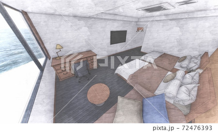 ホテル ダブルベッド 内観パース 背景海54のイラスト素材