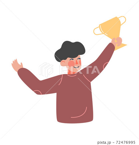 Boy Celebrating His Victory with Gold Winner Cup Cartoon Style Vector Illustration 72476995