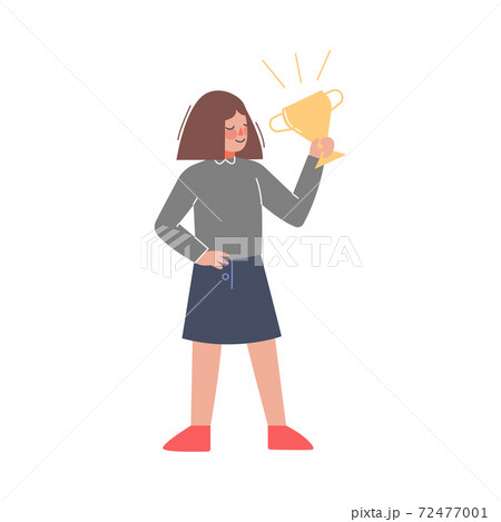 Schoolgirl Celebrating Her Victory with Winner Cup Cartoon Style Vector Illustration 72477001