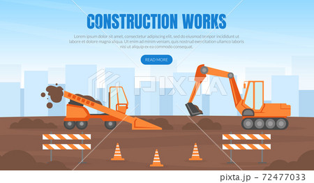 Construction Works Landing Page Template, New Road Building, Heavy Construction Machinery Vector Illustration Construction Works Landing Page Template, New Road Building, Heavy Construction Machinery Vector Illustration 72477033