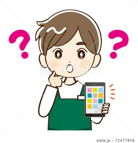 男性、店員、スマホ、疑問 72477858