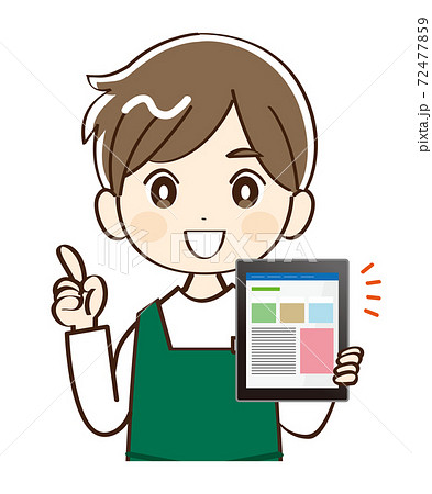 男性、店員、タブレット、説明 72477859