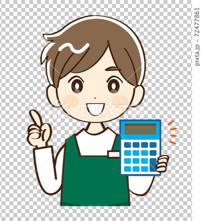 男性、店員、電卓、説明 72477861