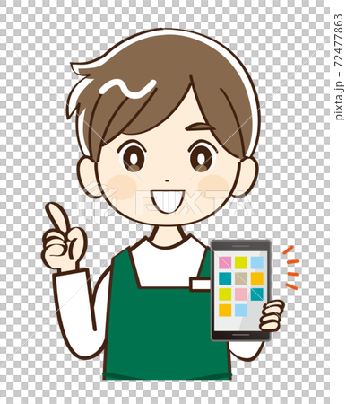 男性、店員、スマホ、説明 72477863