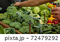 Close-up hands of grocery worker is arranging vegetables on store shelves. 72479292