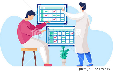 The guy sits with chips in his hands. A man in a lab coat points to a work plan on the background 72479745