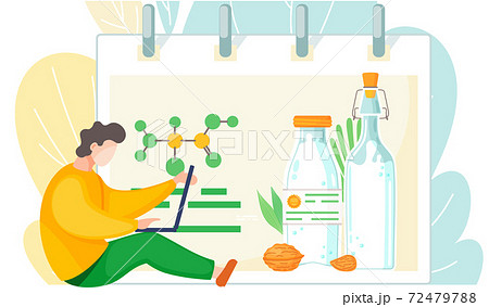A man with a laptop studying vegan milk formula, organic and healthy cow beverage alternative 72479788