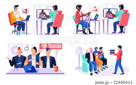 Set of illustrations on the topic of processing a track on a computer. People work in studio Set of illustrations on the topic of processing a track on a computer. People work in studio 72480011