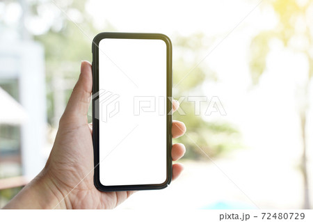 Mockup of blank screen mobile phone. Man hand holding and using a mobile phone with blank screen. Mockup of blank screen mobile phone. Man hand holding and using a mobile phone with blank screen. 72480729