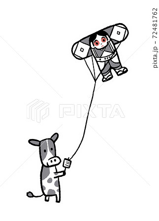 凧揚げをする牛のイラストのイラスト素材