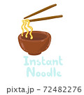 Instant noodles icon, delicious cooking in a brown clay cup. Ready to eat. Bowl with chopsticks. Japanese ramen flat wavy thick noodles. Stock illustration isolated on white background, doodle style 72482276