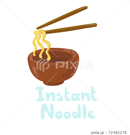 Instant noodles icon, delicious cooking in a brown clay cup. Ready to eat. Bowl with chopsticks. Japanese ramen flat wavy thick noodles. Stock illustration isolated on white background, doodle style 72482276