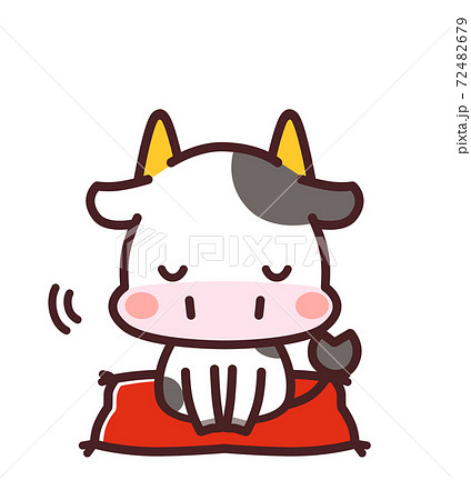 座布団に座る牛のかわいいキャラクター お辞儀 イラストのイラスト素材