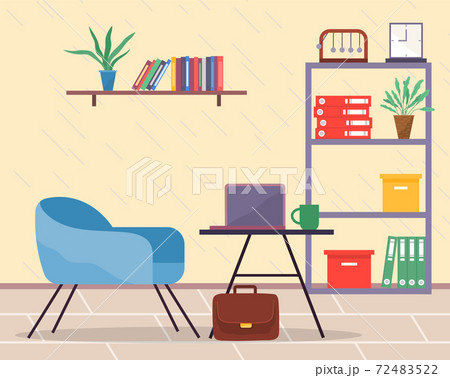 Workplace in office, interior with laptop at table, cup and comfortable chair, stand with folders 72483522